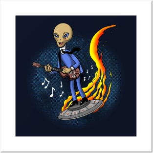 Cute Retro Vintage Alien Musician Riding UFO Gift For Alien And Music Lovers Posters and Art